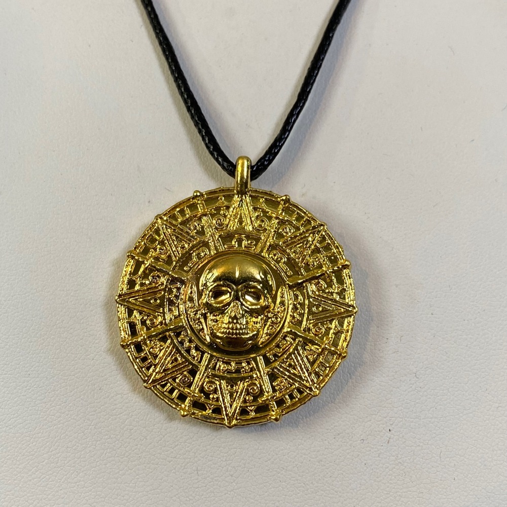 Pirates of the Caribbean Aztec Skull Pendant Necklace Gold Medallion Coin New